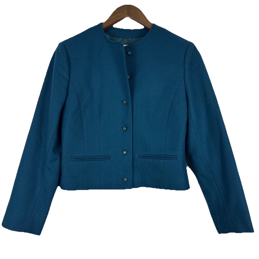 Vintage Pendleton Blazer Women's Medium Blue Cropped Jacket 100% Virgin Wool USA